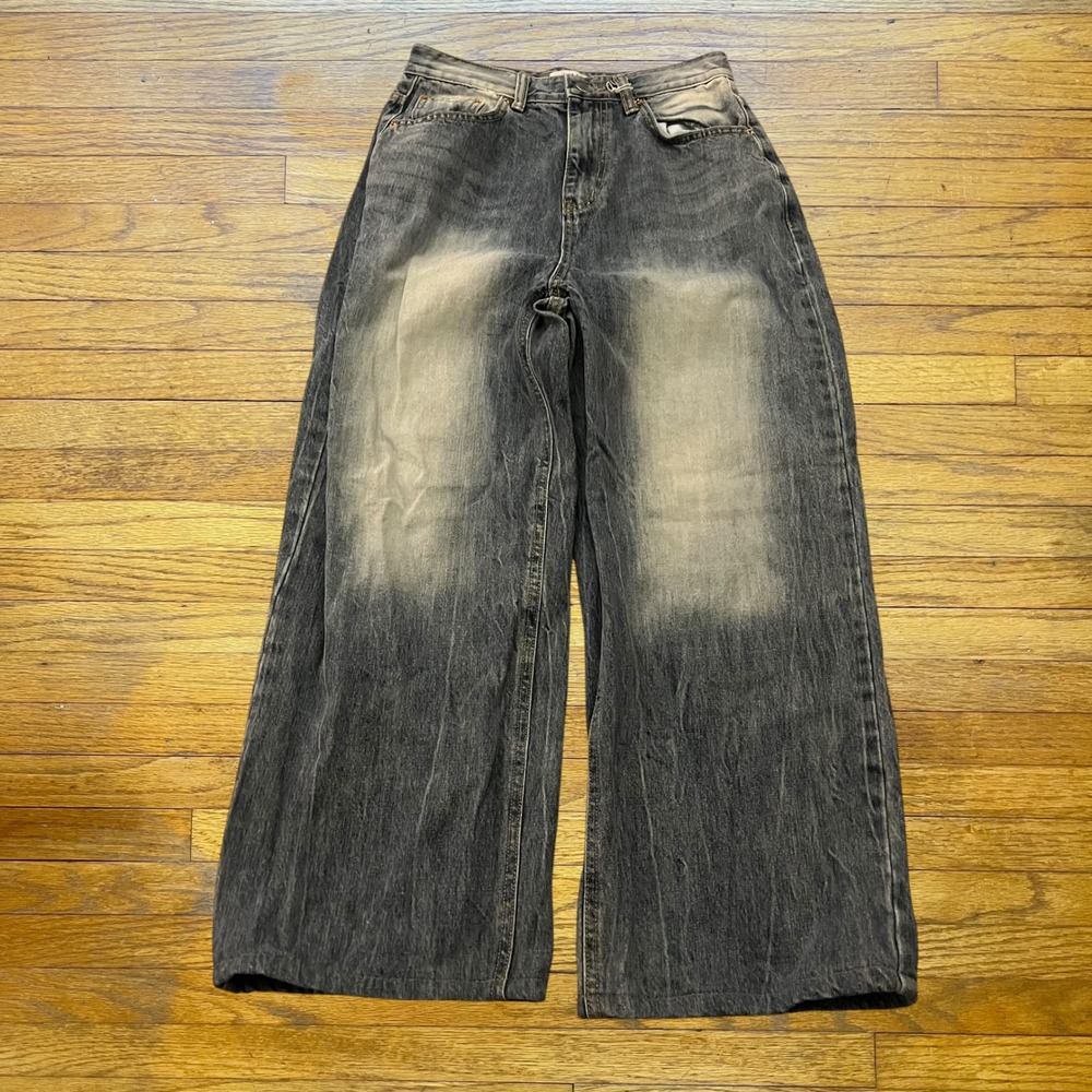 JJIM Womens Wide Leg Baggy Jeans Faded Black Sandblast Denim High Waist Size S